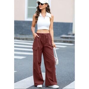 Mineral Red Solid Color Drawstring Waist Wide Leg Cargo Pants